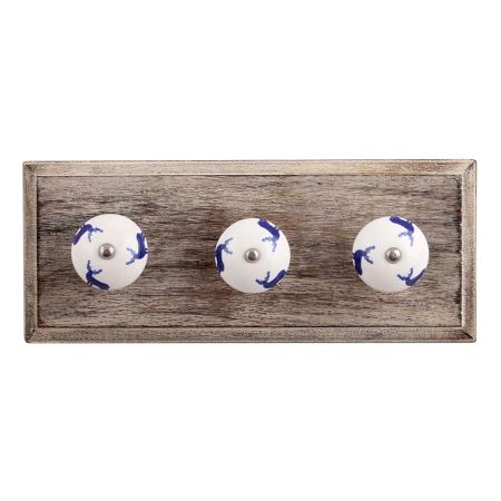 Blue Standing Rein Deer Pattern Ceramic Wooden Hooks